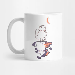 white cat looking down at its own reflection from moonlight Mug